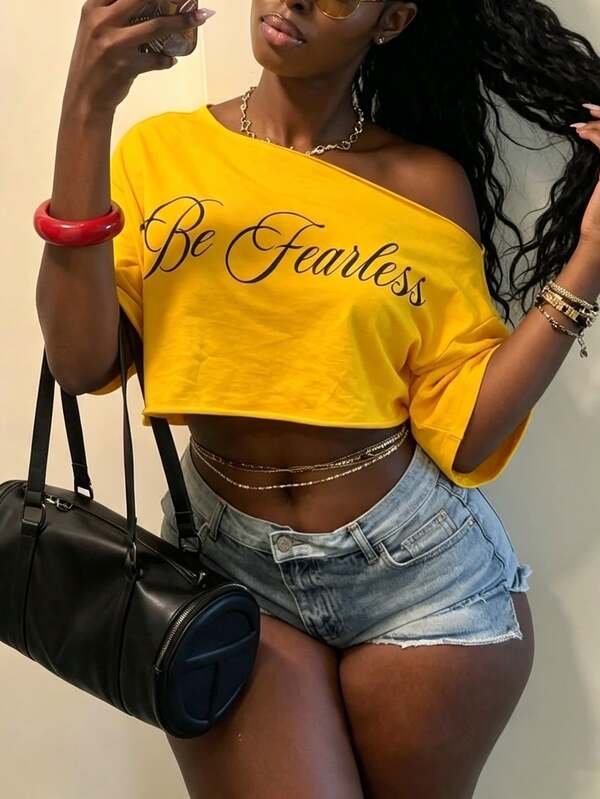 StreetHx Women's Cold Shoulder Short Asymmetric Yellow Printed T-Shirt - Suitable For Music Festivals, Concerts, Parties And Summer Casual Urban Wear