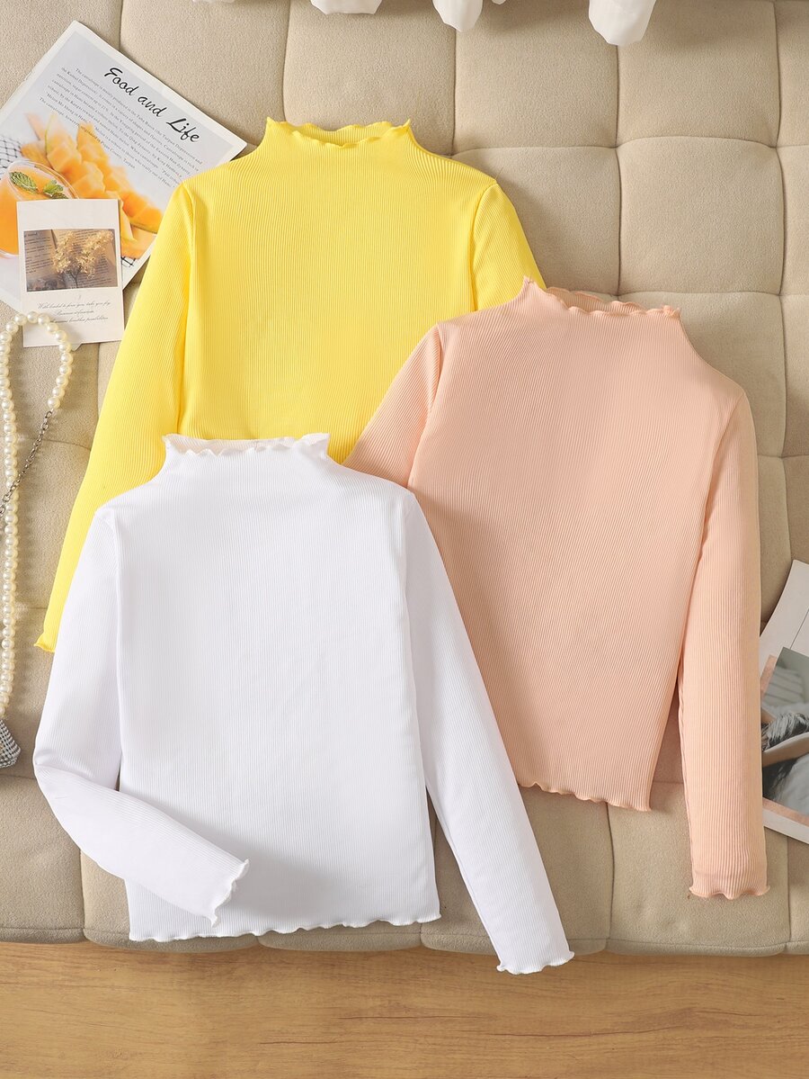 Tween Girl 3pcs Casual All-Match Versatile Solid Color Ribbed Lettuce Trim Mock Neck Tee - Multicolor - View 1