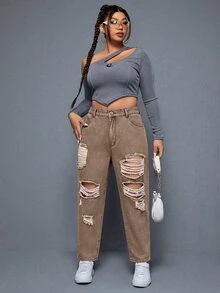 SHEIN ICON 大尺碼女款口袋磨損錐形休閒百搭牛仔褲 - 卡其色 - 查看 5