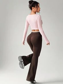 SHEIN Dewbera Solid Color Slim Fit Cropped Long Sleeve Sports T-Shirt - Pink - View 3