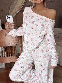 CottageSlumber Women's Romantic Floral Fleece Ribbed Asymmetrical Shoulder Long Sleeve Wide Leg Pants Pajama Set - White - View 4