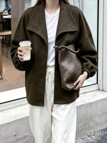 SHEIN PariChic 秋季服飾 深棕色大領寬鬆長袖百搭休閒夾克 通勤穿搭 外出穿搭 時尚上衣 辦公日常 - 軍綠色 - 查看 7