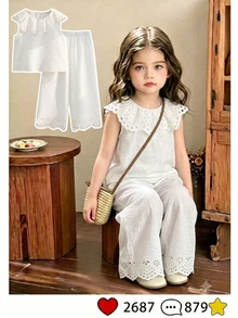 SHEIN Vintaside Kids 2件組少女甜美公主風草莓印花無袖背心與配套長褲套裝，粉色條紋＋3D草莓刺繡＋荷葉領，吸睛設計，適合派對、家庭活動、日常穿著、開學季 - 白色 - 查看 1