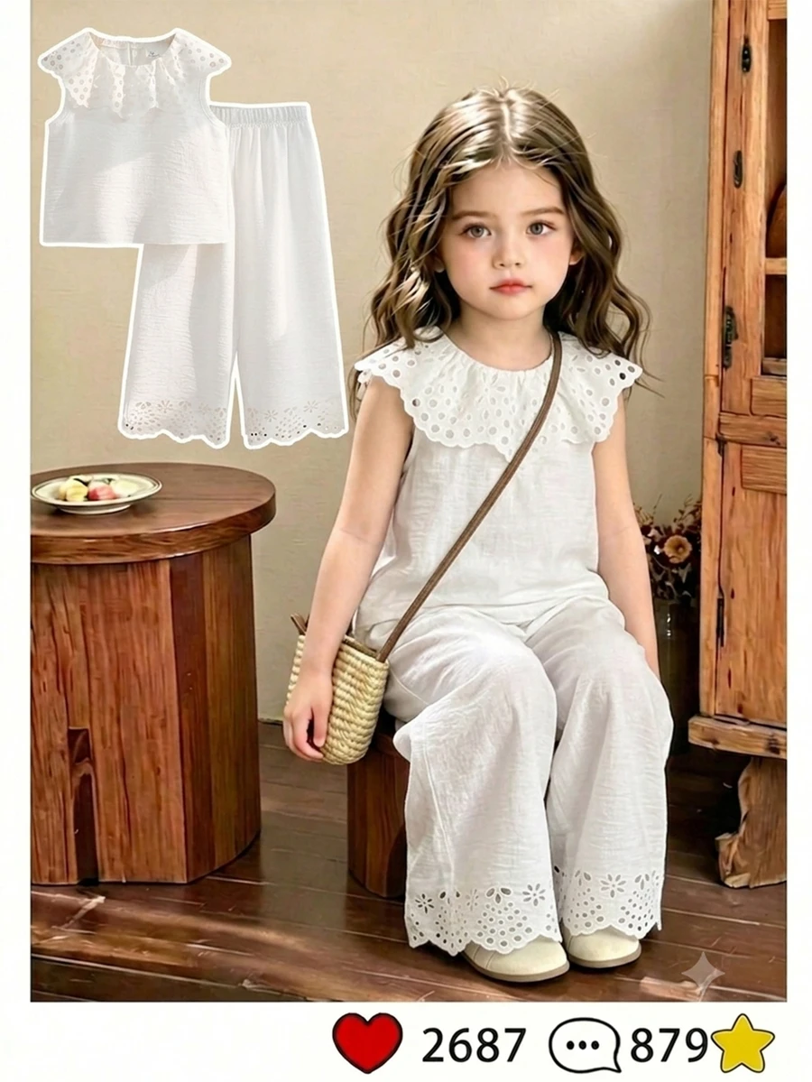 SHEIN Vintaside Kids 2件組少女甜美公主風草莓印花無袖背心與配套長褲套裝,粉色條紋+3D草莓刺繡+荷葉領,吸睛設計,適合派對、家庭活動、日常穿著、開學季 - 白色 - 查看 1