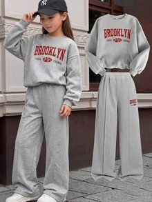 SHEIN 青少年女孩保暖運動套裝 寬鬆字母印花運動上衣與寬腿運動長褲 2件組 - 淺灰色 - 查看 1