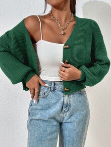 SHEIN LUNE 休閒百搭極簡純色開襟羊毛衫 - 綠色 - 查看 3