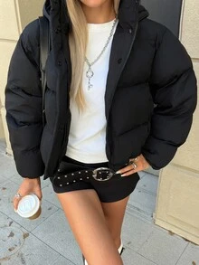 Livesso Women's Winter Black Hooded Drawstring Long Sleeve Thick Padded Pocket Decor Loose Padded Coat - Black - View 1