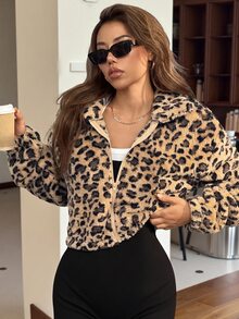 SHEIN EZwear Autumn/Winter Fashion Retro Leopard Print Plush Loose Jacket - Khaki - View 5