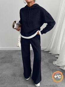 SHEIN Women Navy Marl Oversize Sweatshirt And Sweatpant Two Pieces Set - Navy Blue - View 1