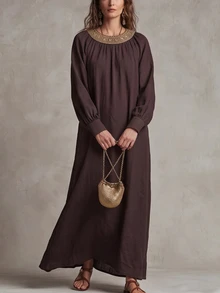 SHEIN Women's Long Round Neck Loose Straight Vintage Long Sleeve Robe Dress - Coffee - View 5