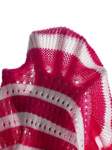 Girls' Perforated Beach Dress, Spaghetti Strap, Yellow And White Striped Color Block, Pleated Ruffle Hem, Cute Casual Versatile Summer Beach Vacation Dress - Hot Pink - View 2