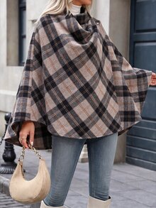 SHEIN Autumn/Winter British Style Casual Elegant Plaid Cape Coat, Ruched Collar Button Decor Loose Plaid Shawl Jacket Everyday Going Out Grey Plaid - Coffee Brown - View 4