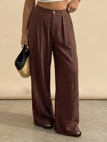Dazy Plus Solid Color Loose Wide Leg Pants With Pockets, Casual Vacation Summer Long Pants - Brown - View 3