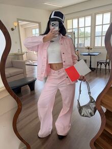 DAZY Women's Long Sleeve Single-Breasted Shirt And Long Pants Casual Denim Set Fall - Pink - View 8