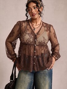 Freevana 女款蕾絲貝殼鈕扣透視襯衫 大尺碼寬鬆優雅休閒日常街頭出遊通勤度假 春夏女裝大尺碼襯衫 - 咖啡棕 - 查看 6