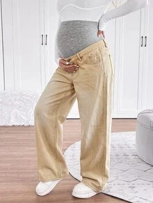 SHEIN 孕婦休閒水洗直筒牛仔褲 - 卡其色 - 查看 5