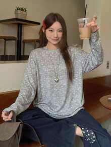 DAZY 女款圓領寬鬆長袖波點長版T恤 - 灰色 - 查看 5
