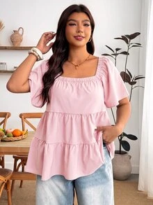 Enliva Blusa de talla grande con cuello cuadrado, ajuste holgado, volantes escalonados y manga corta - Rosa - Ver 4