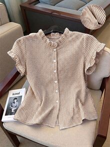 INAWLY Plus Size Summer Casual Striped Short Sleeve Shirt - Khaki - View 1