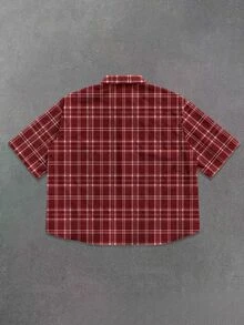 Manfinity EMRG Men's Boxy Fit Plaid Letter Graphic Button-Up Shirt, Red Short Sleeve Collared Casual Top For Streetwear, Vacation & Daily Wear - Multicolor - View 2