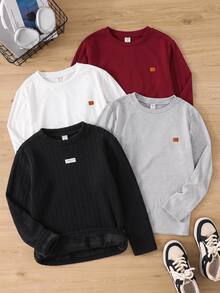 SHEIN Tween Boy Patch Design Kids Crew Neck Long Sleeve Casual T-Winter Shirt - Black - View 1