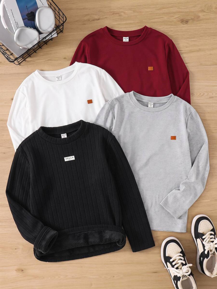 SHEIN Tween Boy Patch Design Kids Crew Neck Long Sleeve Casual T-Winter Shirt - Black - View 1