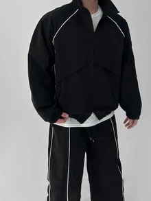 DAZY Spring/Autumn Black & White Drawstring Design Regular Fit Zipper Hem & Cuffs Elastic Waist Pants Men's Jacket Set - Black - View 3