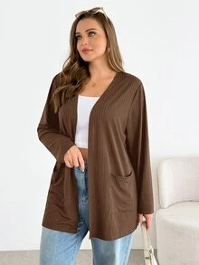 SHEIN Essnce 大尺碼秋季休閒純色雙口袋夾克 - 棕色 - 查看 3