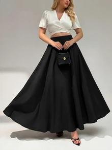 Auralis Plus Size Women's Solid Color Elastic Waist Casual Commute Skirt - Black - View 6