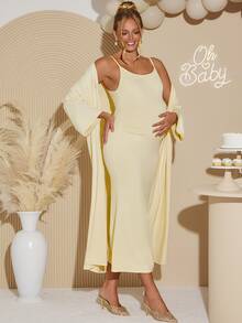 Loomaby Maternity Solid Color Spaghetti Strap Dress And Cardigan Casual 2 Pieces Set - Yellow - View 4