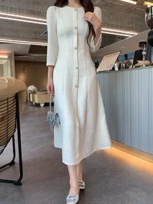 DAZY Women's Round Neck Tie-Front Elegant Long Dress Fall - White - View 10