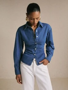 Poéselle Women's Fashion Single-Breasted Cinched Waist Long Sleeve Denim Top - Medium Wash - View 3