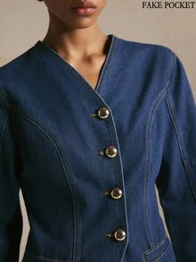 Poéselle Women's Denim Casual V-Neck Top Jacket And Outerwear - Dark Wash - View 8