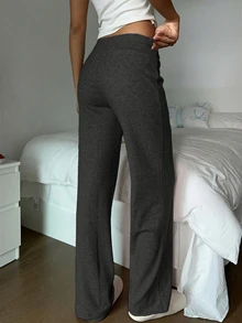 SHEIN EZwear 女款保暖內裡粉色舒適長褲，適合秋冬穿著 - 深灰色 - 查看 2