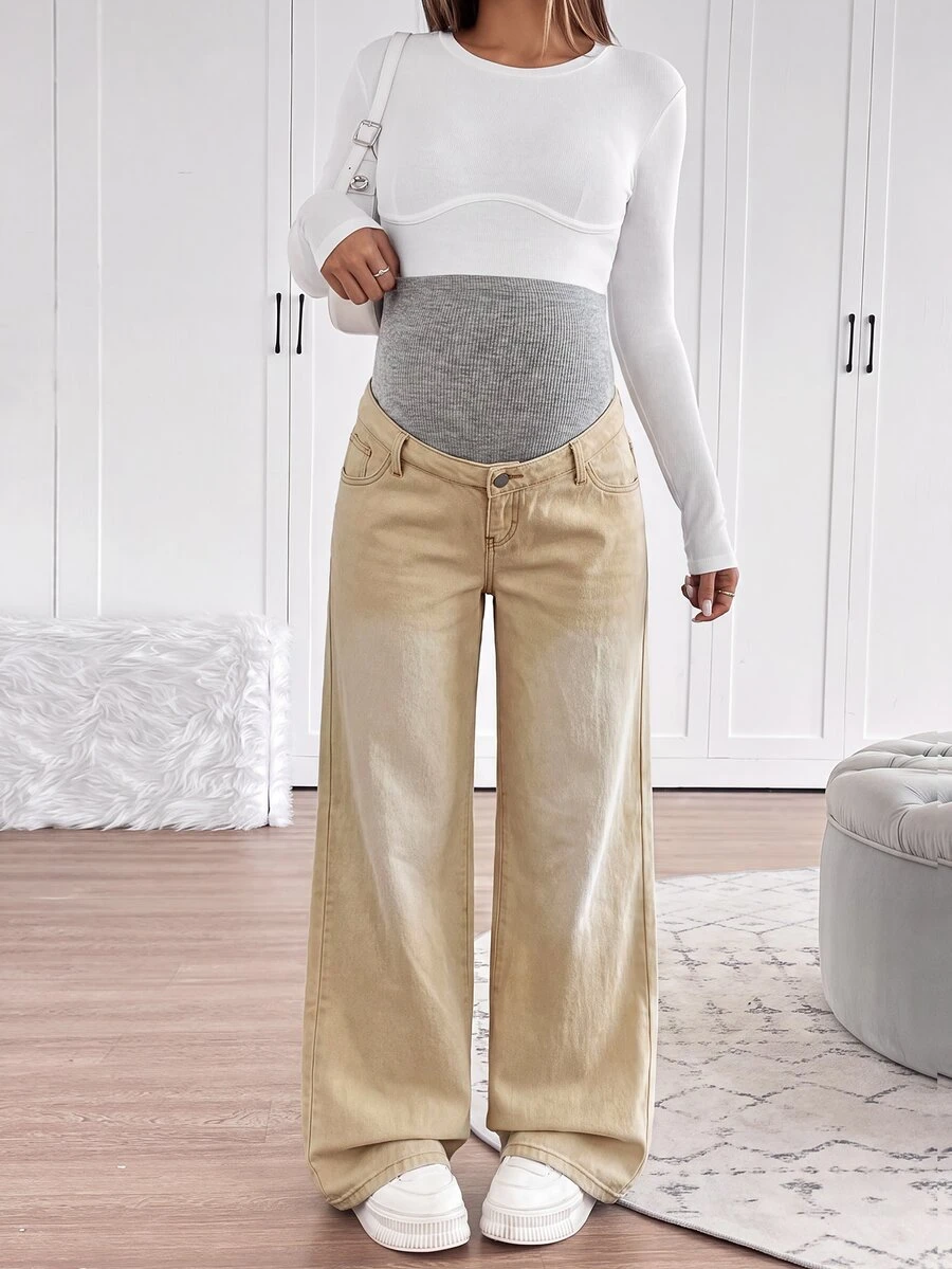 SHEIN 孕婦休閒水洗直筒牛仔褲 - 卡其色 - 查看 1