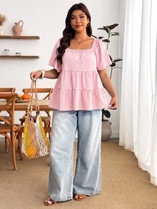 Enliva Blusa de talla grande con cuello cuadrado, ajuste holgado, volantes escalonados y manga corta - Rosa - Ver 6