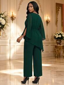 Fleurora Plus Size Elegant Party Floral Embroidered Top And Pants 2 Pieces Set - Dark Green - View 2