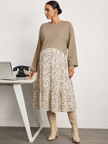 MaterniWear Maternity Solid Color Top & Ditsy Floral Print Dress Nursing 2-Piece Set Fall - Khaki - View 3