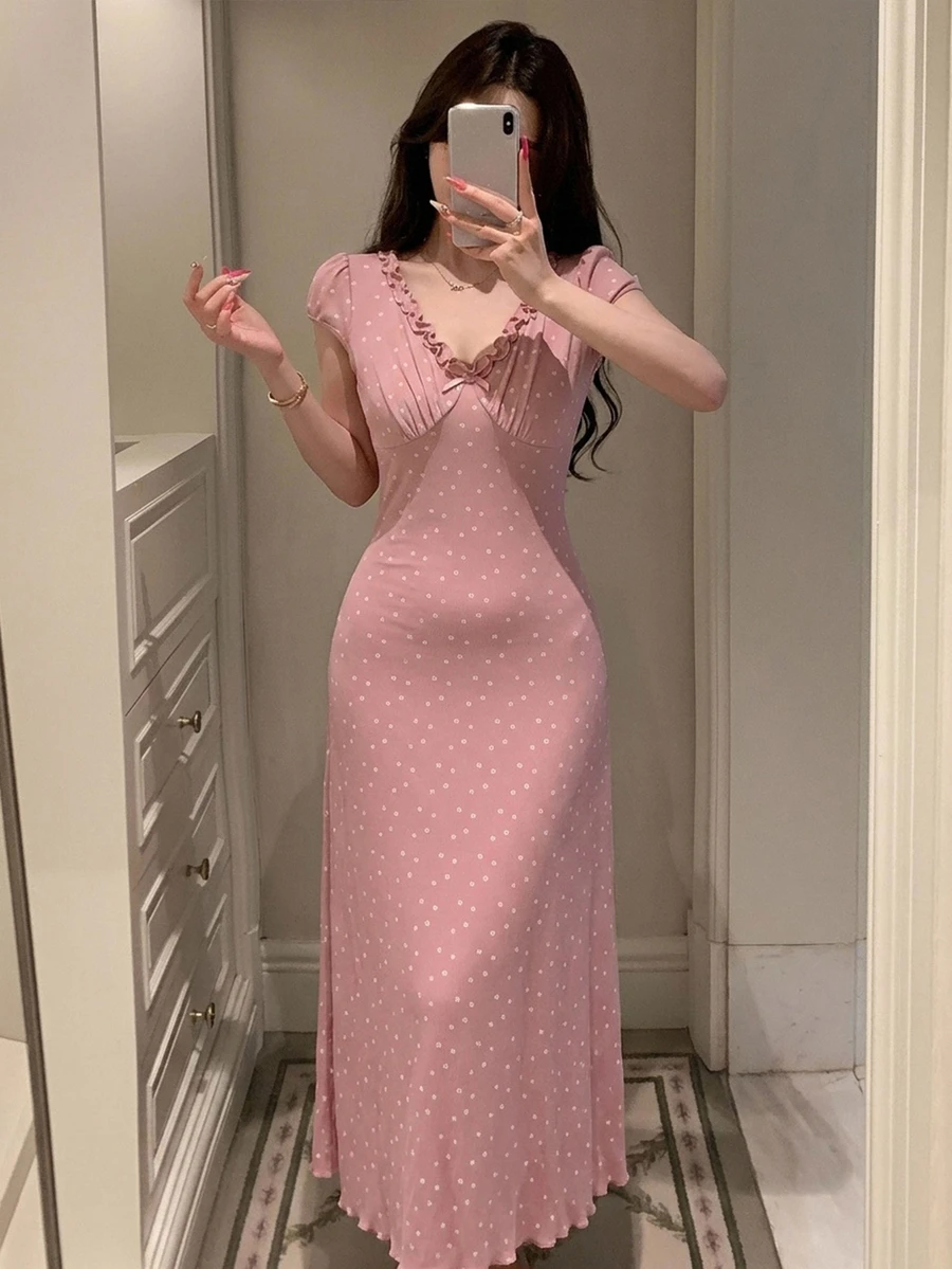 DAZY 碎花荷葉邊收腰長款女式睡袍 - 粉色 - 查看 1
