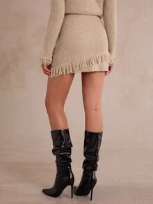 Enchnt Autumn/Winter Casual Tassel Decor Knitted Skirt - Brown - View 7