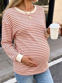 SHEIN 孕婦條紋圓領落肩長袖休閒T恤 秋季 - 紅白色 - 查看 3