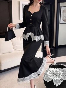 Modelyn Set 2 Potong Atasan Lengan Panjang dengan Potongan Ekor Ikan yang Ramping dan Motif Renda Patchwork Warna Kontras Gaya Wanita Elegan - Hitam dan Putih - View 9