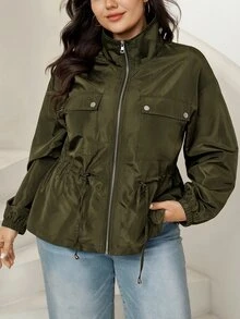Comfylo Plus Size Women's Solid Color Zipper Casual Versatile Daily Travel Long Sleeve Jacket Fall - Green - View 5