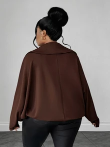 Maweii Jaket Wanita Ukuran Besar Model Batwing Lengan Panjang Warna Polos dengan Resleting - Coffee Brown - View 6