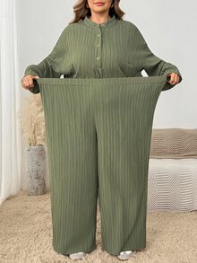 SHEIN CURVE+ 大尺碼立領長袖半拉鍊寬鬆休閒傳統圓弧下擺 2 件套秋季正式居家服 橄欖綠 - 綠色 - 查看 8