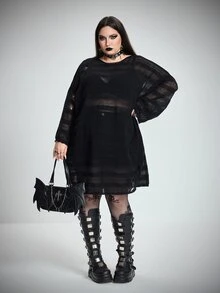 SHEIN CURVE+ ملابس علوية فرو محبوكة مقاس كبير للهالوين بتصميم مفرغ وشفاف - الأسود - مشاهدة 6