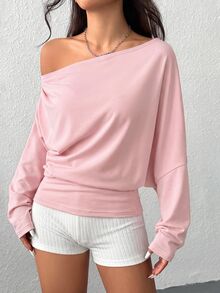 SHEIN EZwear 女款純色百褶不對稱領長袖連帽衛衣，畢業季/返校穿搭，畢業禮服，女教師服裝，秋冬返校 - 粉色 - 查看 3