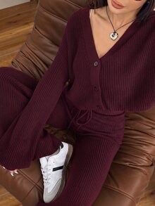 SHEIN EZwear 2件組女款休閒純色寬肩帶開襟衫與抽繩腰喇叭褲套裝，適合秋冬 - 酒紅色 - 查看 1