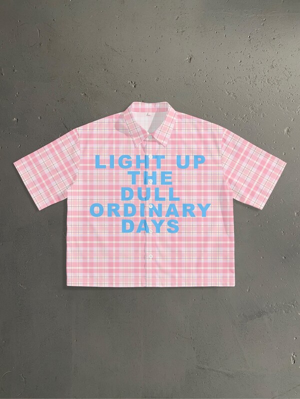StoneGrade Dopamine Color Blue & Pink Contrast Plaid Texture English Letter Typography Fashion Full Print Men's Standard Size Cropped Loose Fit Short Sleeve Shirt
