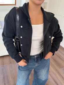 DAZY 女款保暖內裡雙排扣長袖連帽運動衫 - 藏蓝色 - 查看 2